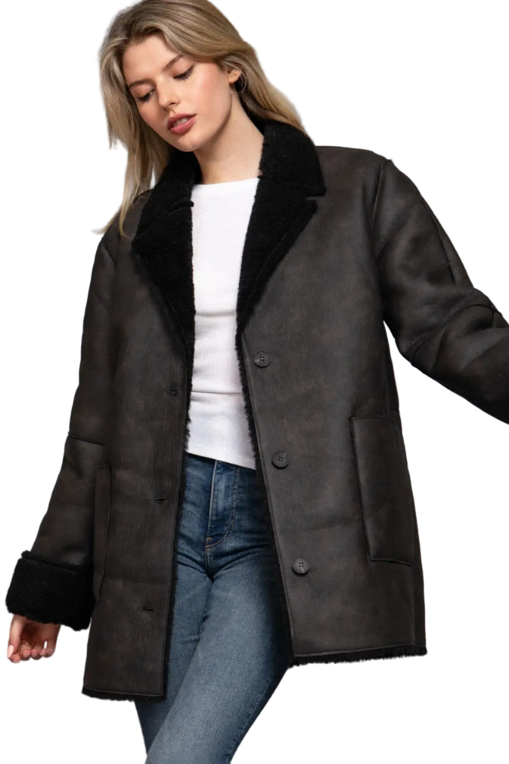 Button Down Double Sided Faux Leather Coat