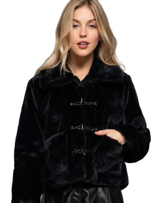 Long Sleeve Button Fur Duffle Jacket