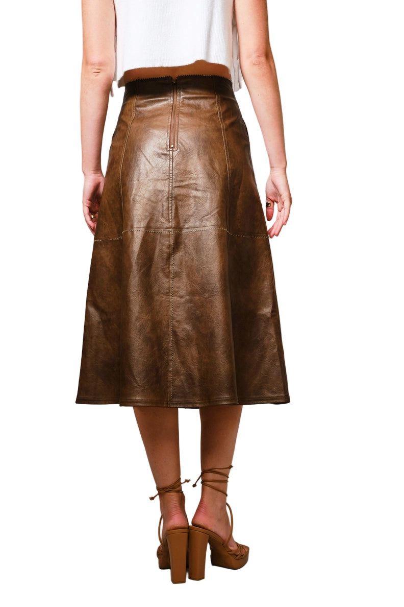 Seam Washed Faux Leather Midi Skirt