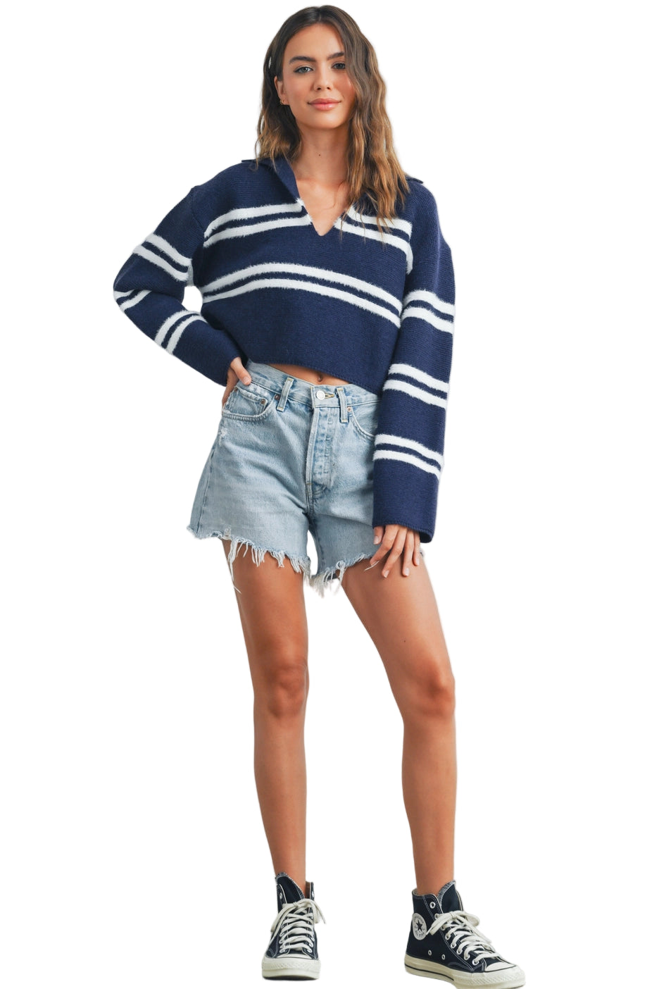 Stripe Crop Collar Sweater Top