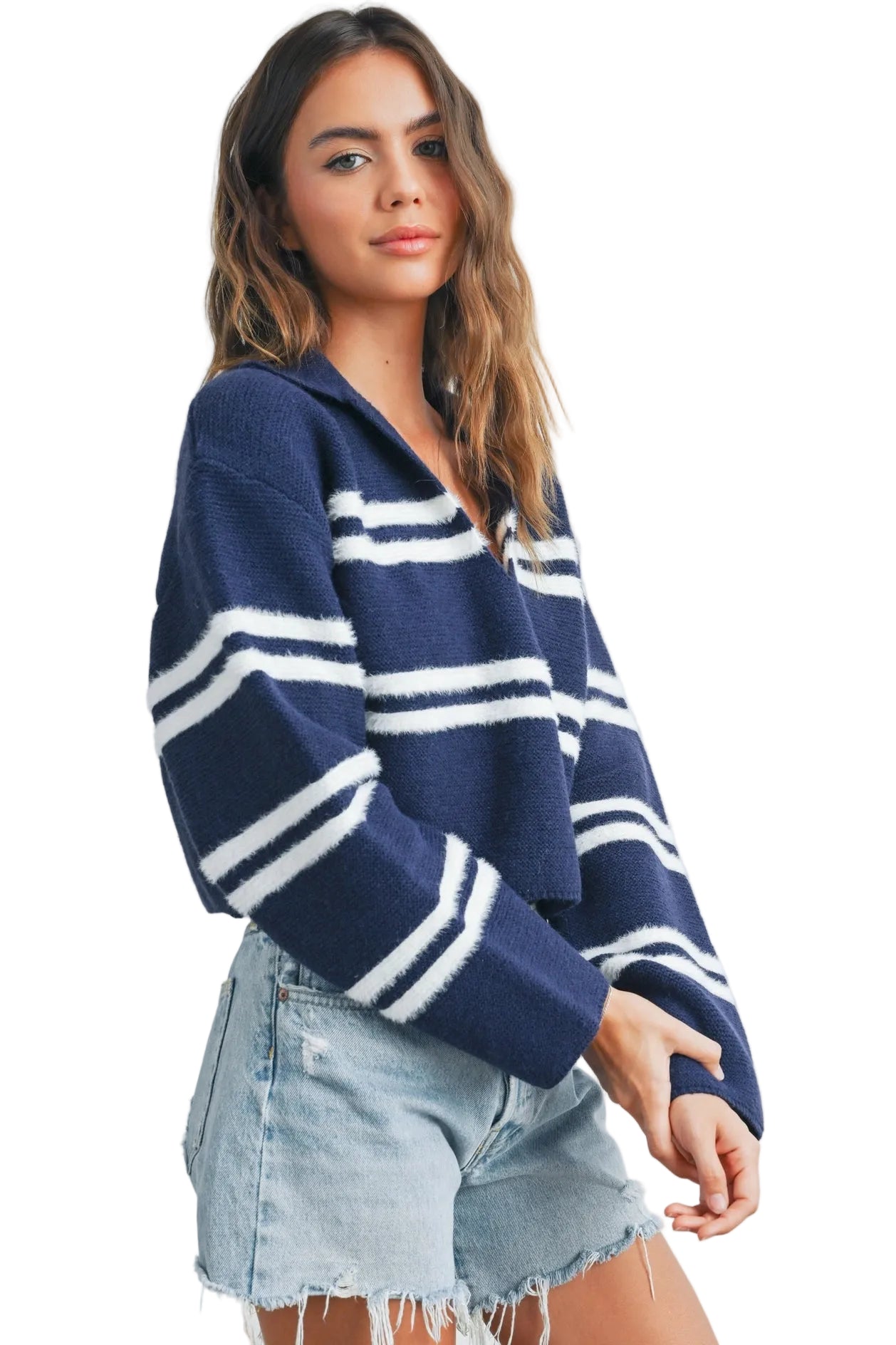 Striped Crop Collar Sweater Top