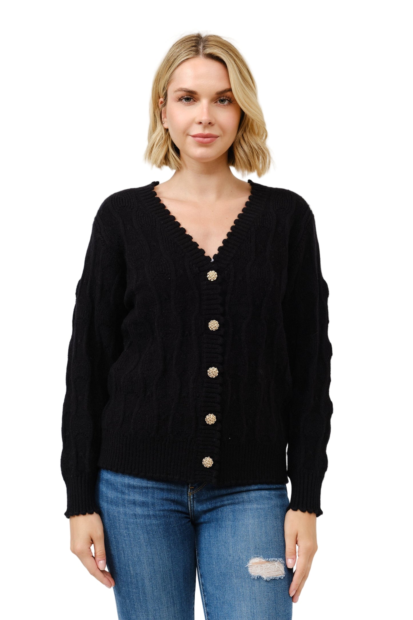 V Neck Golden Button Up Cardigan