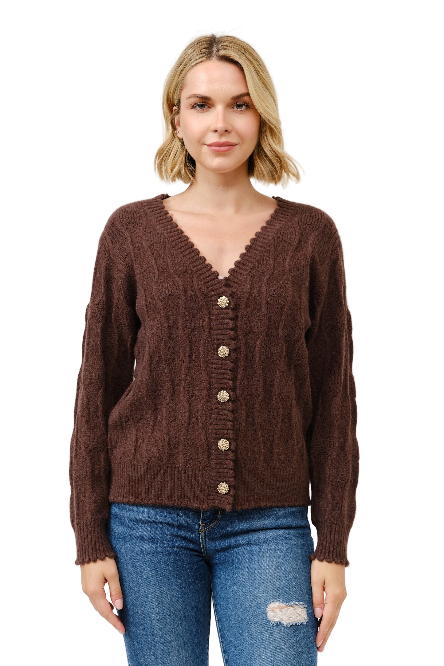 V Neck Golden Button Up Cardigan