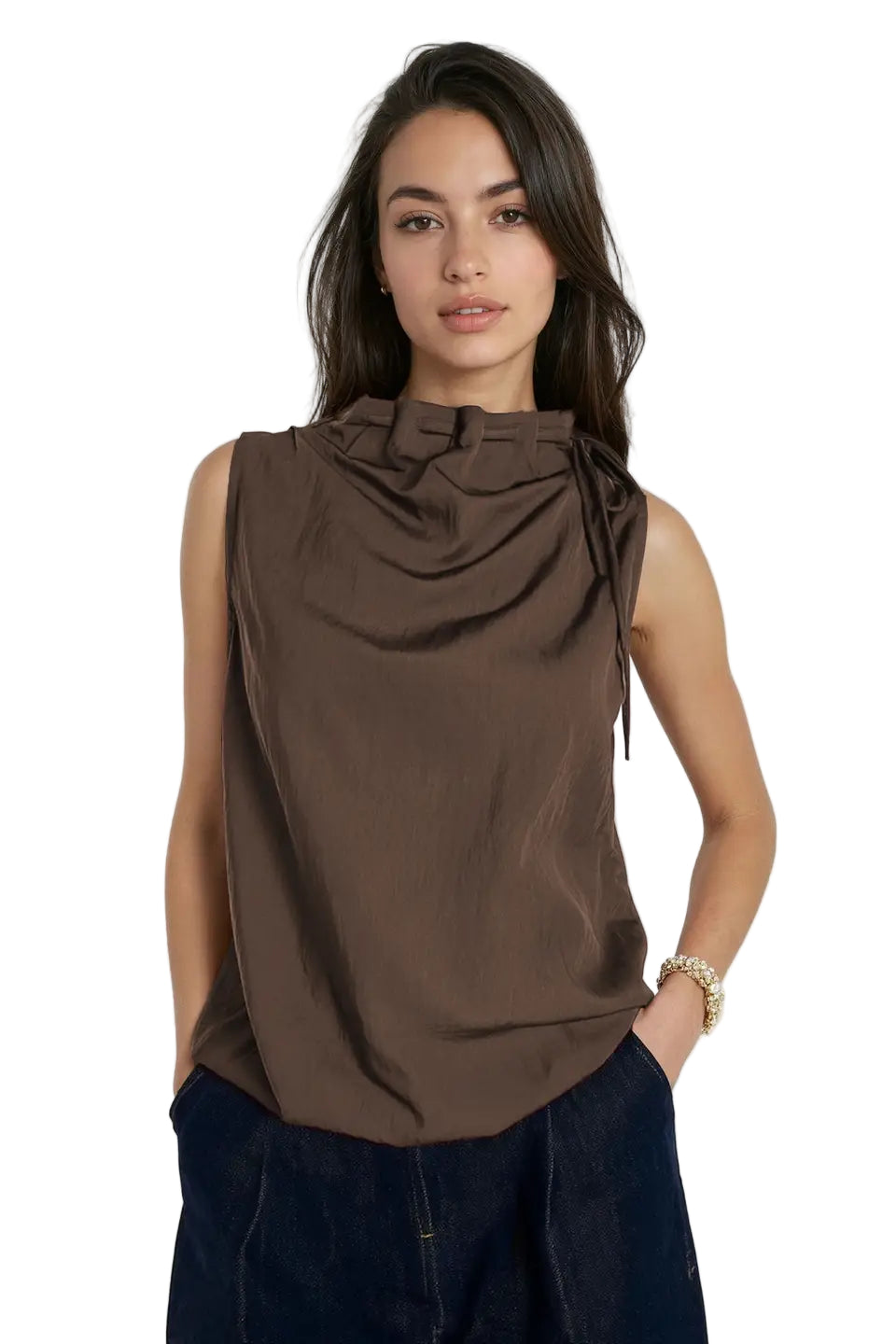 Cinched Mock Neck Sleeveless Top