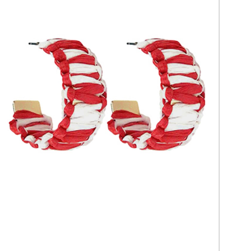 Red and White Raffia Wrap Earrings
