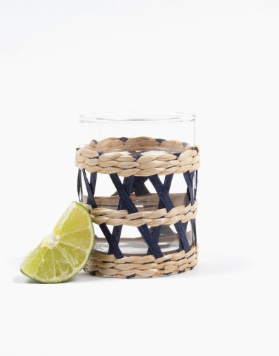 Navy Rattan Old Fashioned Glass